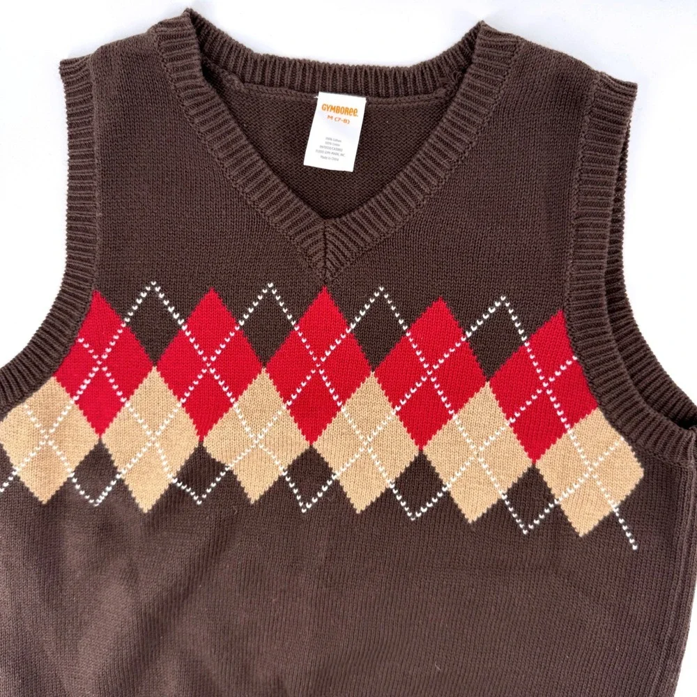 Gymboree Sweater Vest Boys Medium 7-8 Brown‎ Argyle V-Neck Cotton Preppy Knit